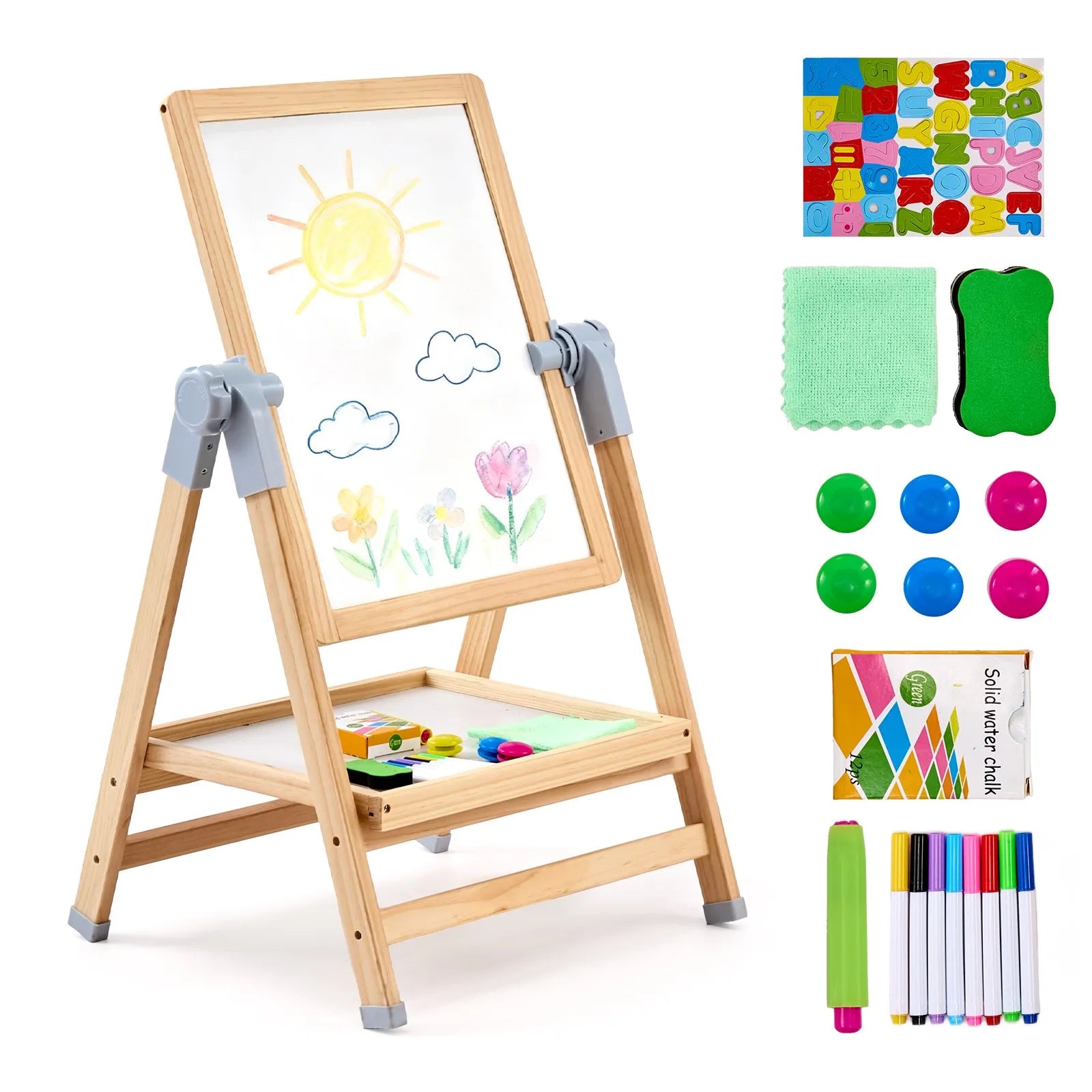 VEVOR 2-in-1 Kids Art Easel Double-Sided Wooden Magnetic Whiteboard Chalkboard