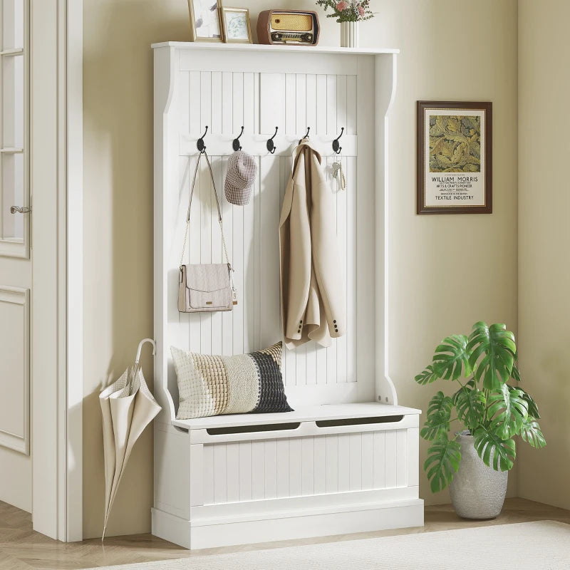 3-In-1 Hall Tree w/ Coat Rack, Shoe Storage and Bench Seat, Entryway Bench w/ 4 Hooks for Hallway, Living Room, White