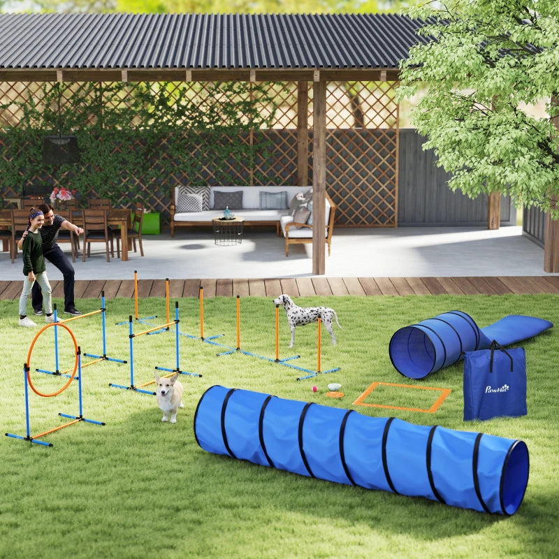 11-Piece Dog Agility Training Equipment Set, Pet Obstacle Course with 2 Tunnels, Adjustable Jumps, Orange Blue