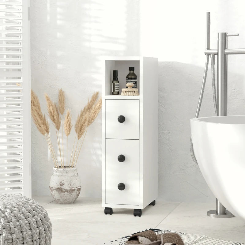 Slim Bathroom Cabinet with Wheels, Narrow Bathroom Storage Cabinet with Door, Drawer and 2 Open Compartments, White