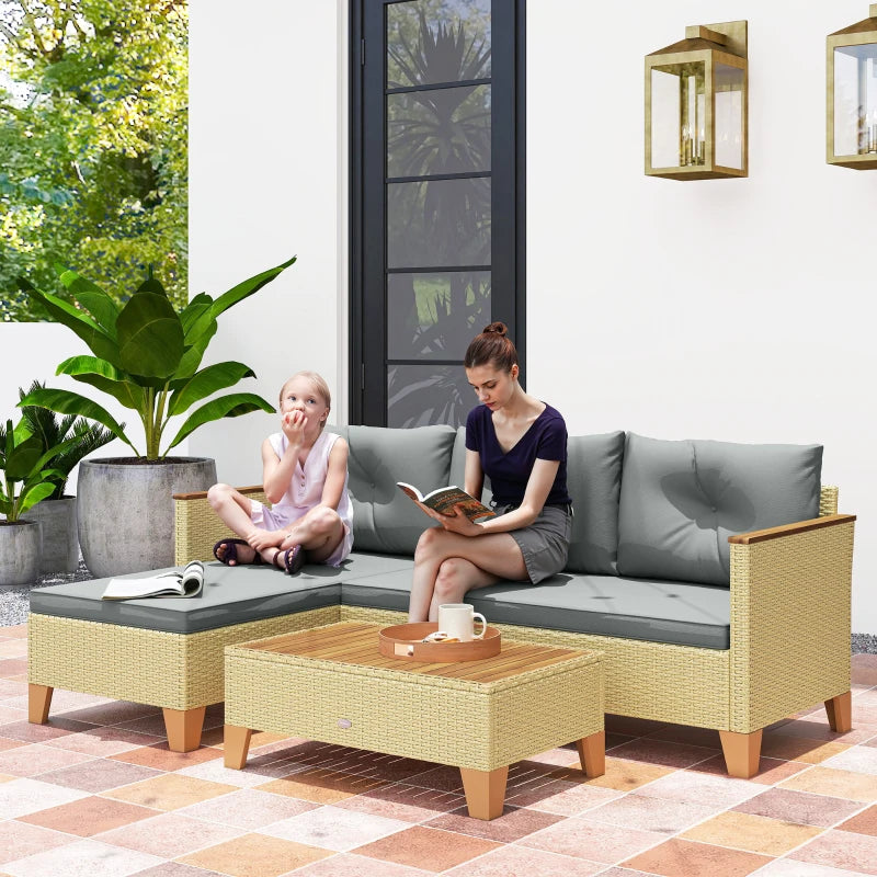 3 Piece Patio Furniture Set, L-Shaped Outdoor Furniture Conversation Set with Wood Top Coffee Table, Light Grey