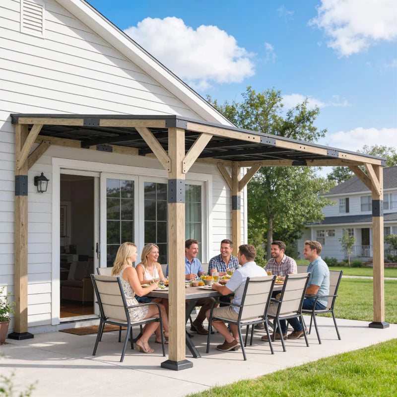 14' x 10' Gazebo, Lean to Galvanized Steel Hardtop Gazebo Pergola with Wood Frame, Patio Gazebo Awning, Dark Grey