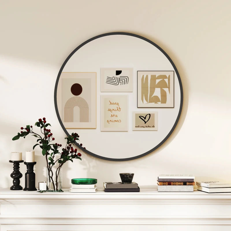 30" Round Mirror, Bathroom Wall Mirror with Metal Frame, Decorative Vanity Mirror for Living Room, Bedroom, Black