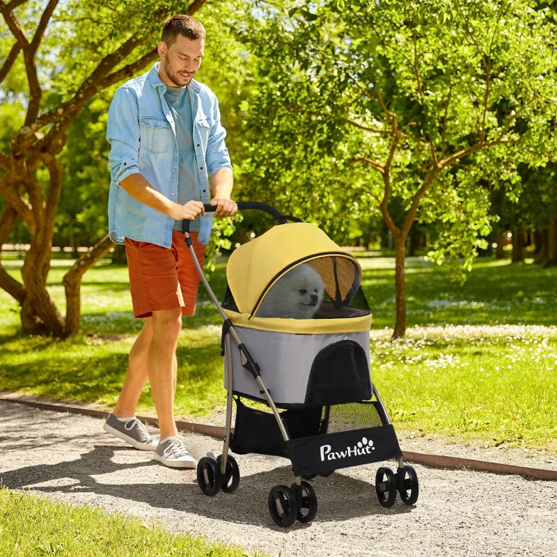4 Wheels Pet Stroller, 3 in 1 Dog Cat Travel Folding Carrier, for Small Dogs, Detachable, w/ Brake, Canopy, Basket, Storage Bag - Yellow