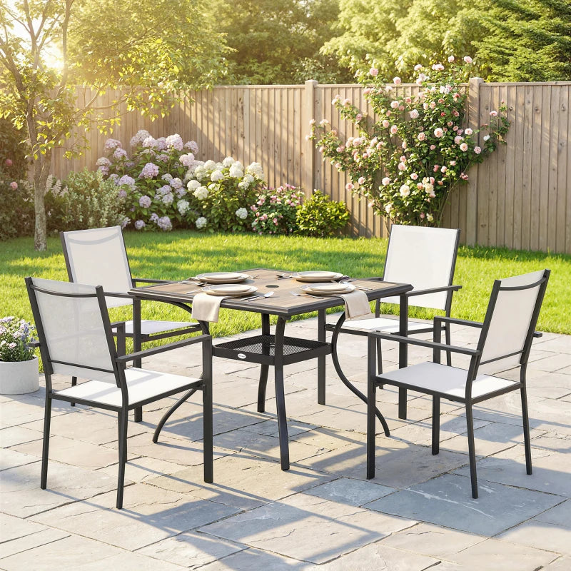 5 Piece Outdoor Patio Dining Set, Dining Table and 4 Stackable Chairs with Umbrella Hole, Shelf