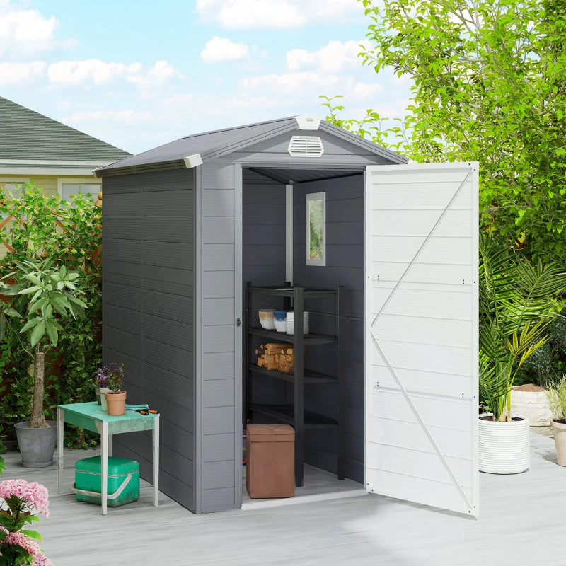 4.5' x 6' Plastic Garden Storage Shed with Latch Door, Vents, Sloped Roof, Dark Grey