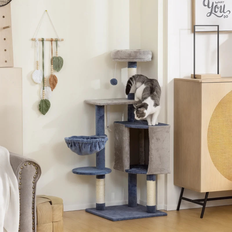 48" Modern Cat Tree with Condo, Hammock, Perch, Sisal Scratching Posts, Toy Ball, for Indoor Cats, Blue and Grey