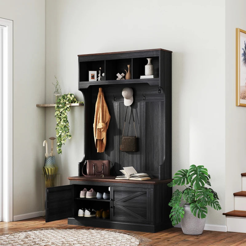 3-in-1 Hall Tree with Bench, Coat Rack with Shoe Storage, Distressed Black