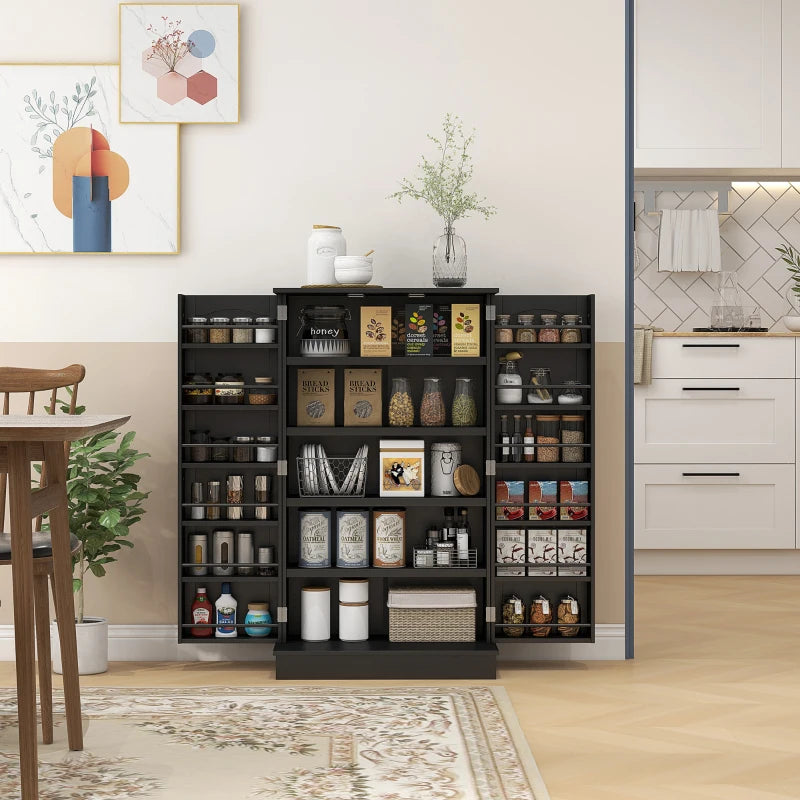 41" Kitchen Pantry Cabinet with 5-tier Shelving, 12 Spice Racks, Anti-Tipping, 2-Door Storage Cabinet with 3-Level Adjustable Shelves, Black