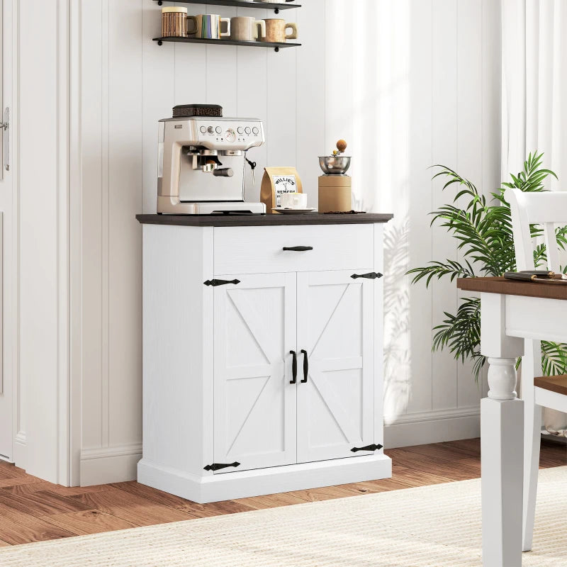 30" Buffet Cabinet, Farmhouse Sideboard with 1.2" Thick Top, 2 Barn Doors, Drawer and Adjustable Shelf, White