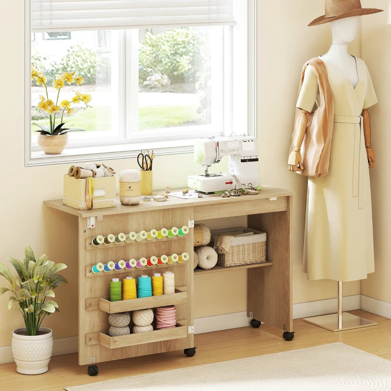 Sewing Machine Table on Wheels, Folding Craft Table with 2 Bins, Storage Shelf, 18 Pegs, Lockable Wheels, Natural