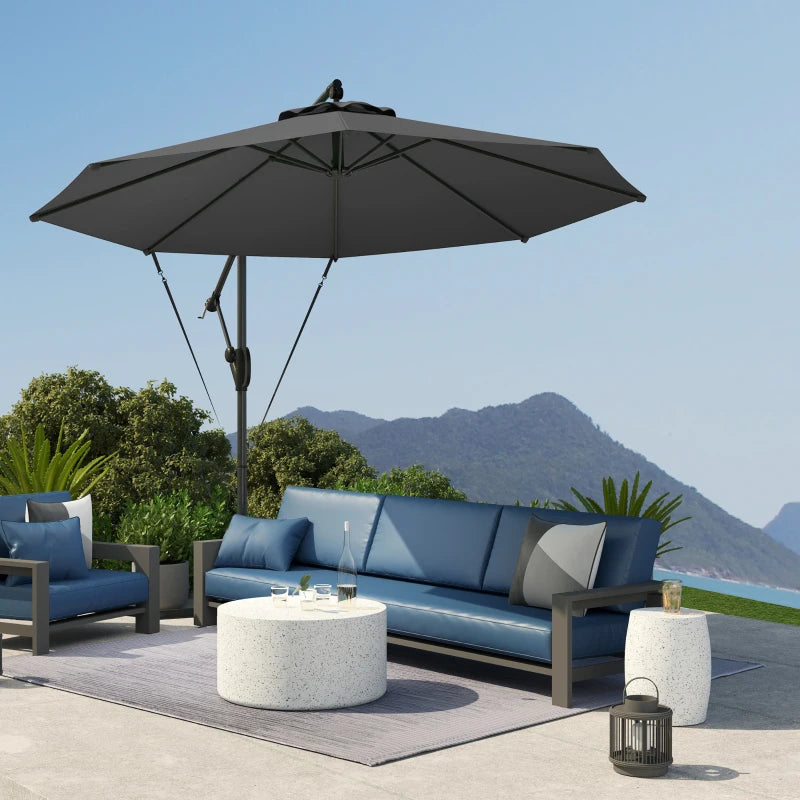 118.1" Patio Offset Umbrella with Cover and Wind Protection Strap,with Crank Handle and Tilt, UPF50+, Grey