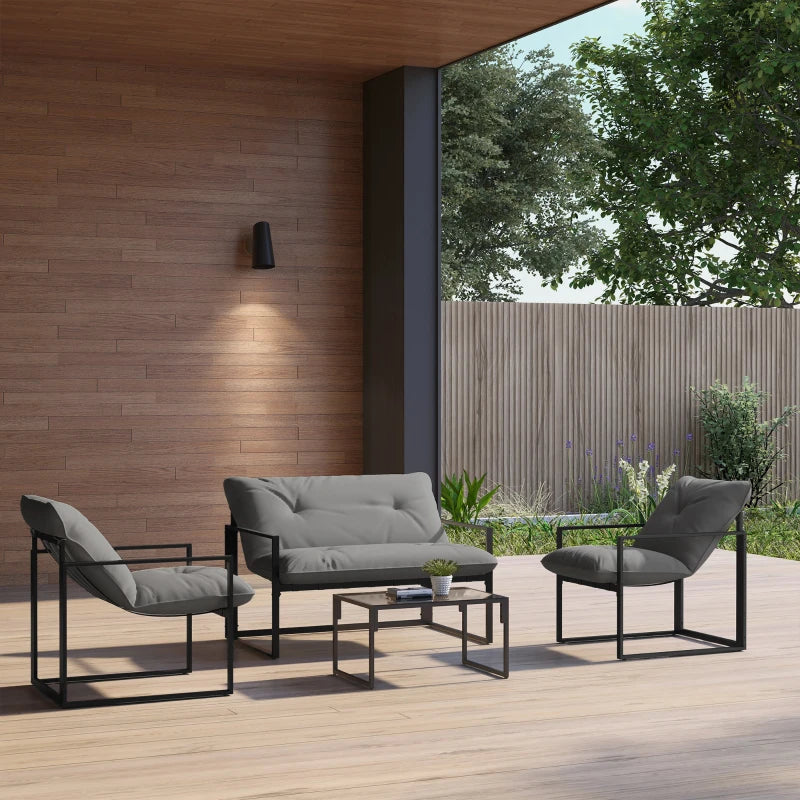 4 Piece Outdoor Furniture Set, Patio Conversation Set with Tempered Glass Table, Loveseat, 2 Chairs and Cushions, Grey