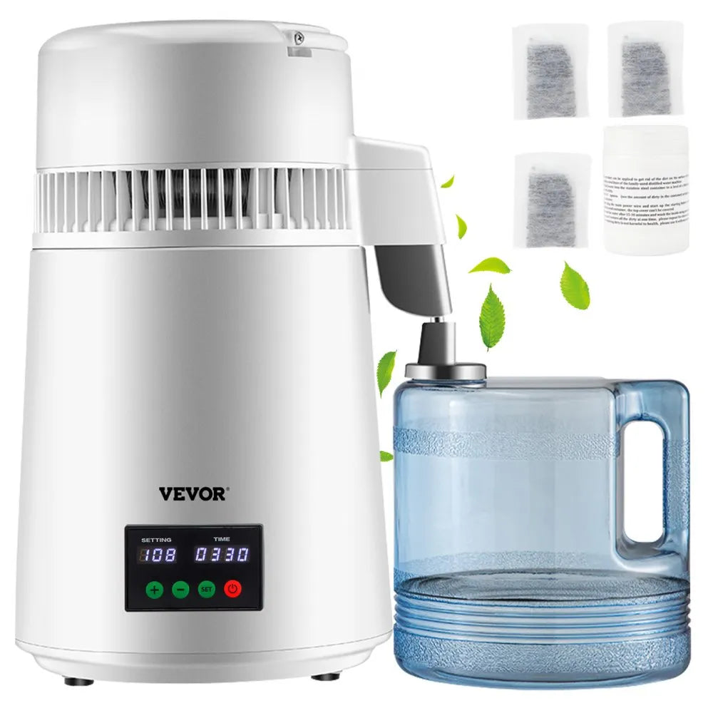 VEVOR 1.1Gal Water Distiller, 0.3Gal/H, 750W Distilled Water Maker Machine 0-99H Timing Set Temp Display, 304 Stainless Steel Countertop Distiller Glass Carafe Cleaning Powder 3 Carbon Packs, White