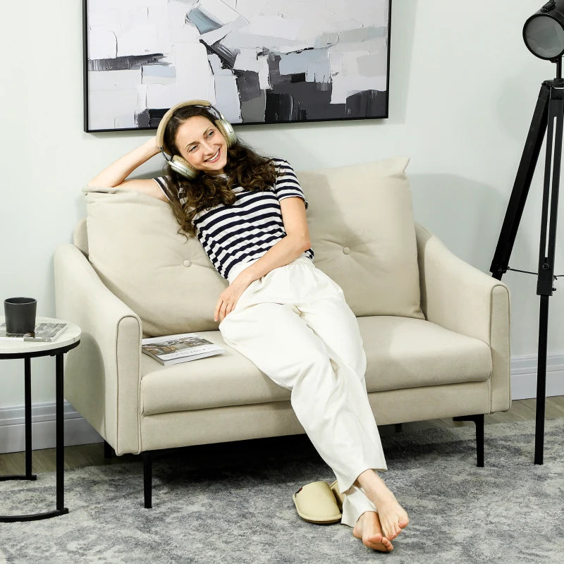 2 Seater Sofa, Small Modern Couch with High-Resilience Foam, Thicken Padding, Button Tufted, Cream White