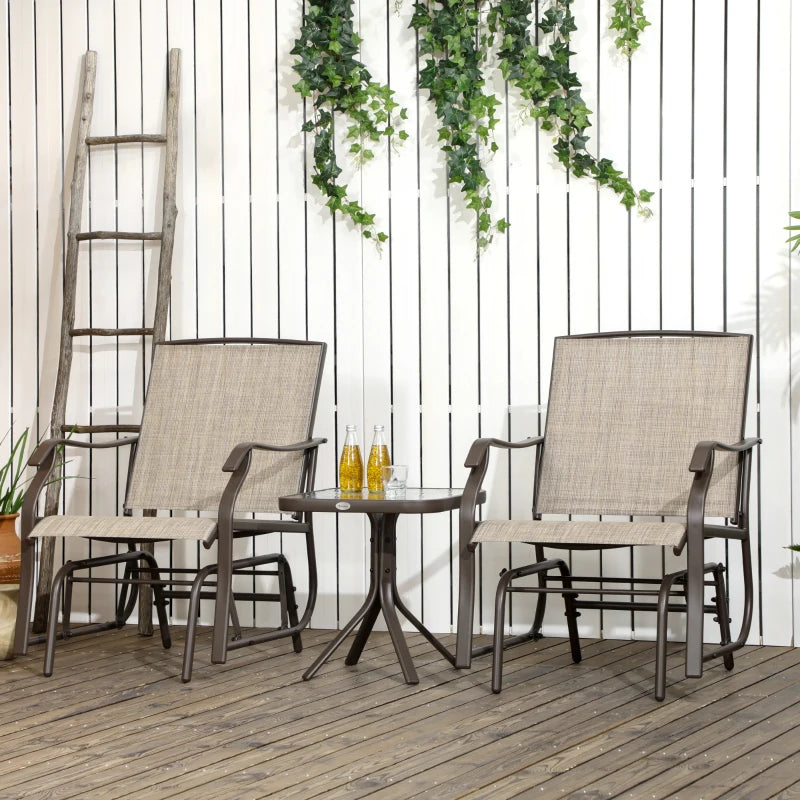 3 Piece Patio Glider Set Outdoor Gliders with Breathable Mesh Seat, Glass Top Table for Garden, Yard, Mixed Brown