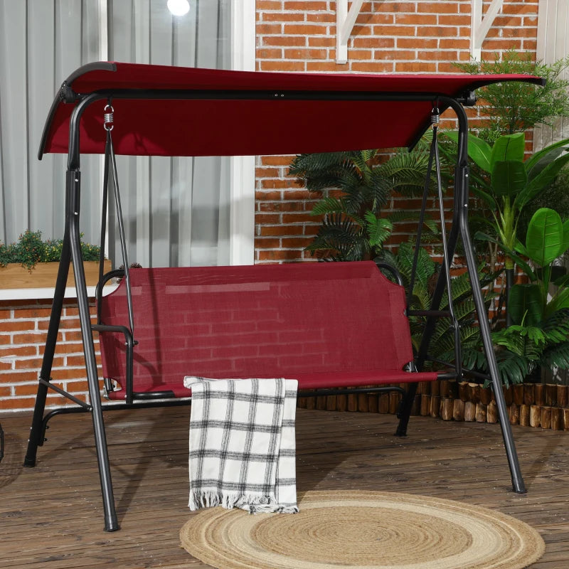 3-Seater Outdoor Porch Swing with Adjustable Canopy, Patio Swing Chair for Garden, Poolside, Backyard, Wine Red