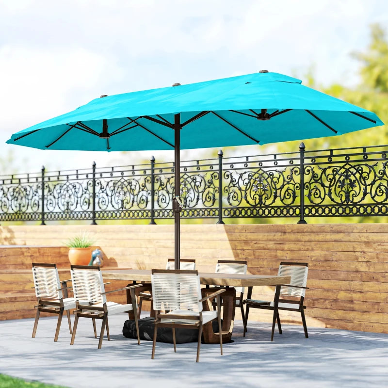 15' Outdoor Patio Umbrella with Twin Canopy Sunshade Steel Table Umbrella w/ Lift Crank, Cross base, Sandbag, Light Blue