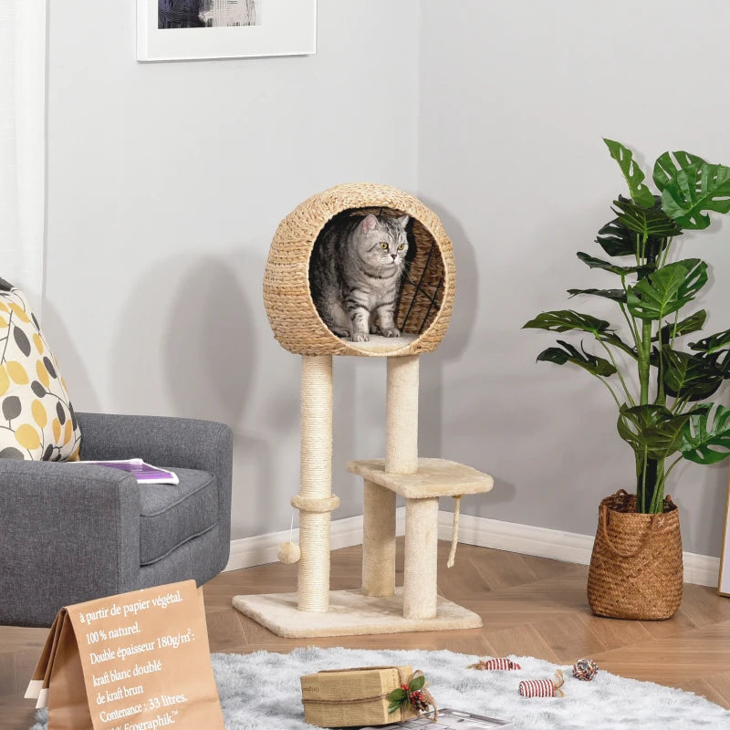 39" H Cat Tree with Sisal Scratching Post, Condo, Plush Perch, Hanging Rope and Hanging Ball, Beige