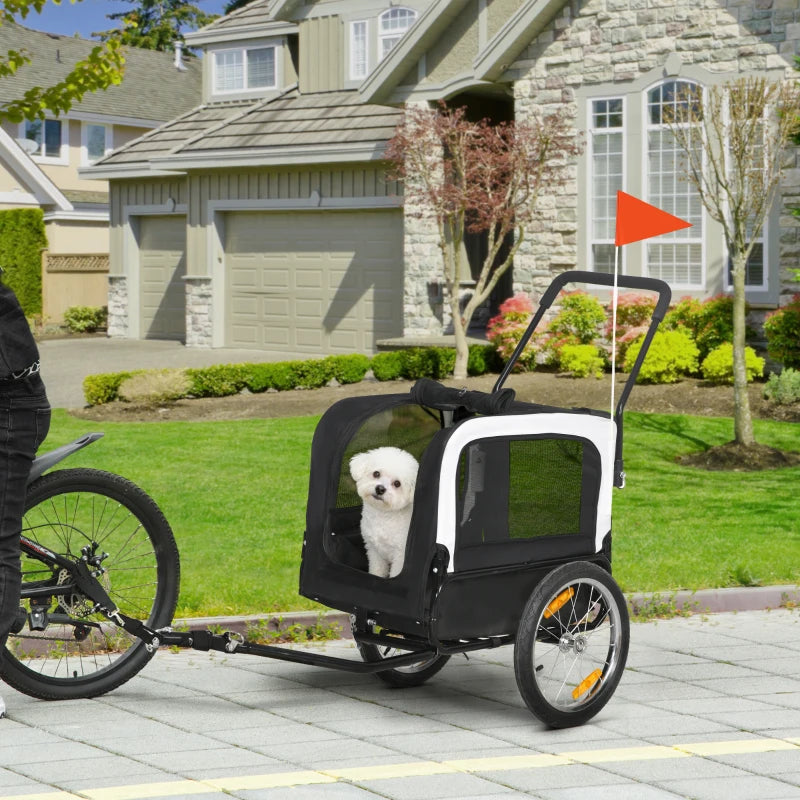 2 in 1 Dog Bike Trailer, Dog Stroller with Safety Leash, Hitch, Flag, Reflectors, Cushion for Small Dogs, Black