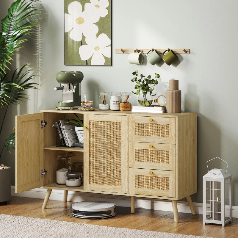 47" Buffet Cabinet with Soft-Close Doors, Rattan Sideboard with Drawers, Adjustable Shelf and Wooden Legs, Natural