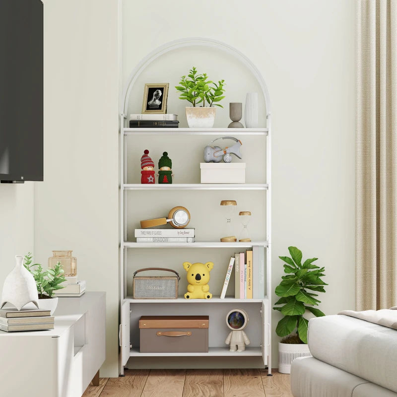 4-Tier Arched Shelving Unit with Cabinet, Bookshelf for Living Room, Office, 31.5" x 11.8" x 73.6", White