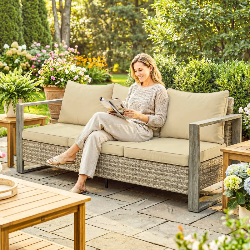 3-Seater Outdoor Couch, PE Wicker Patio Sofa with Deep Seat, Wood-Effect Aluminum Armrests, Cushions, Khaki