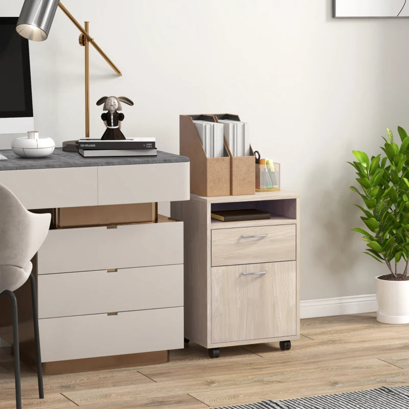 24" Small Filing Cabinet with Open Compartment, Drawer and Wheels, Home Office Storage Cabinet, Oak