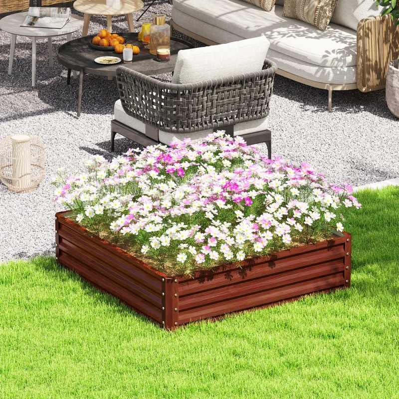 4' x 4' x 1' Raised Garden Bed Galvanized Steel Planter Box for Vegetables, Flowers, Herbs, Dark Brown Wood Effect