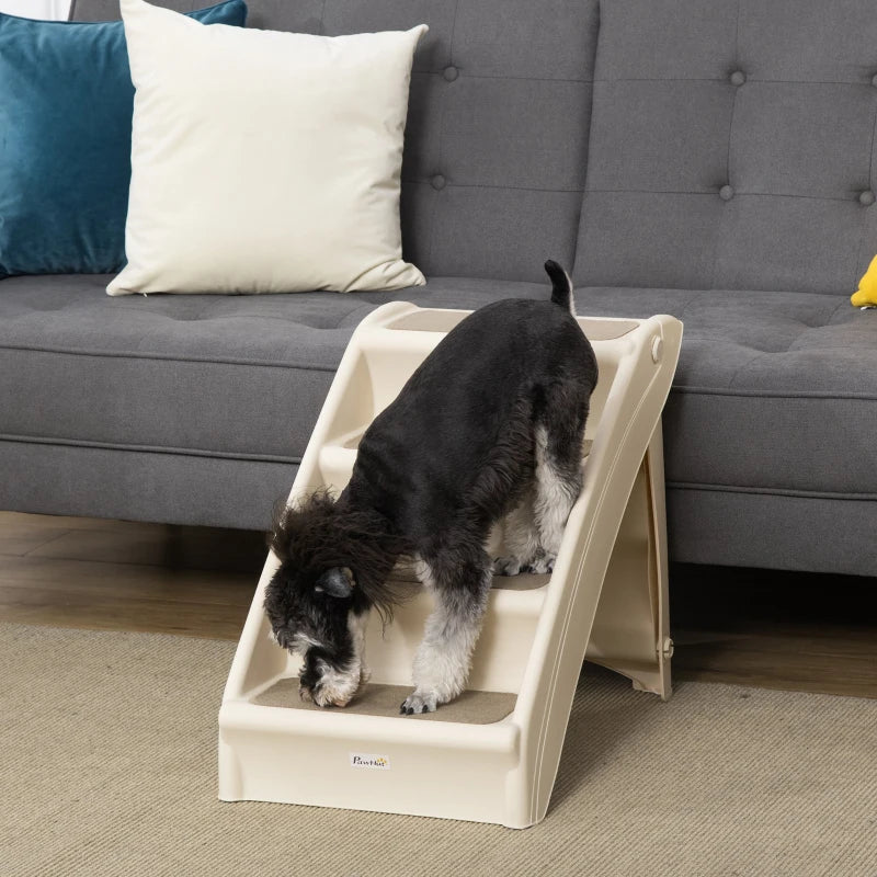 4-Level Portable Dog Stairs, Foldable Dog Steps for Small Dogs, Lightweight Cat Steps, with Nonslip Soft Mats, for High Bed, Sofa, Beige