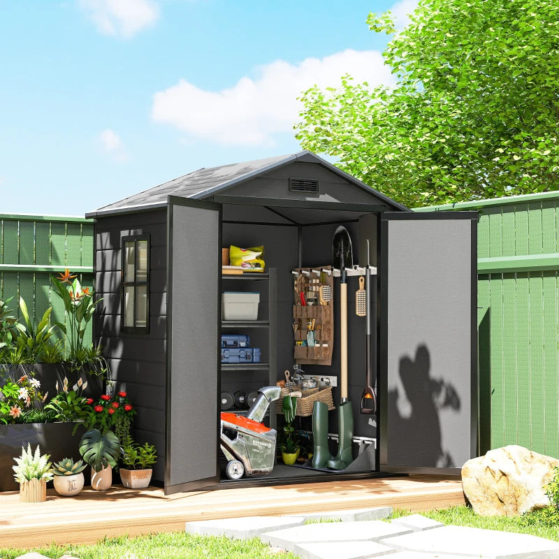 6x4.5FT Plastic Shed, Lockable Garden Tool Storage House with Double Doors and Vent, Grey