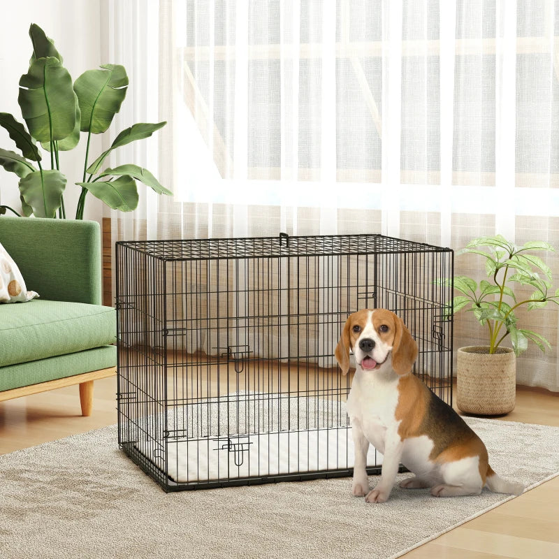 35" Dog Crate with 2 Doors, Folding Metal Dog Cage with Soft Cushion, Removable Tray, Handle, Black