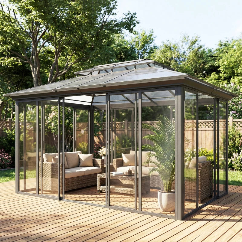 10' x 14' Outdoor Hardtop Gazebo, Aluminum Sun Room Solarium with Sliding Doors, Double Roof Patio Gazebo, Dark Grey