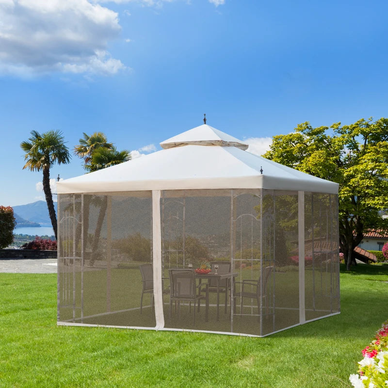 10' x 10' Steel Outdoor Patio Gazebo Canopy with Removable Mesh Curtains, Display Shelves, & Steel Frame, Beige