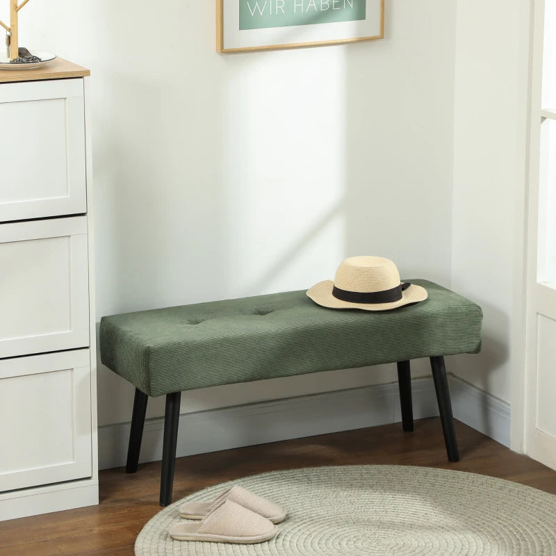 39" Upholstered Ottoman Bench, Corduroy Entryway Bedroom Bench with Padded Seat and Steel Legs for Bedroom, Green