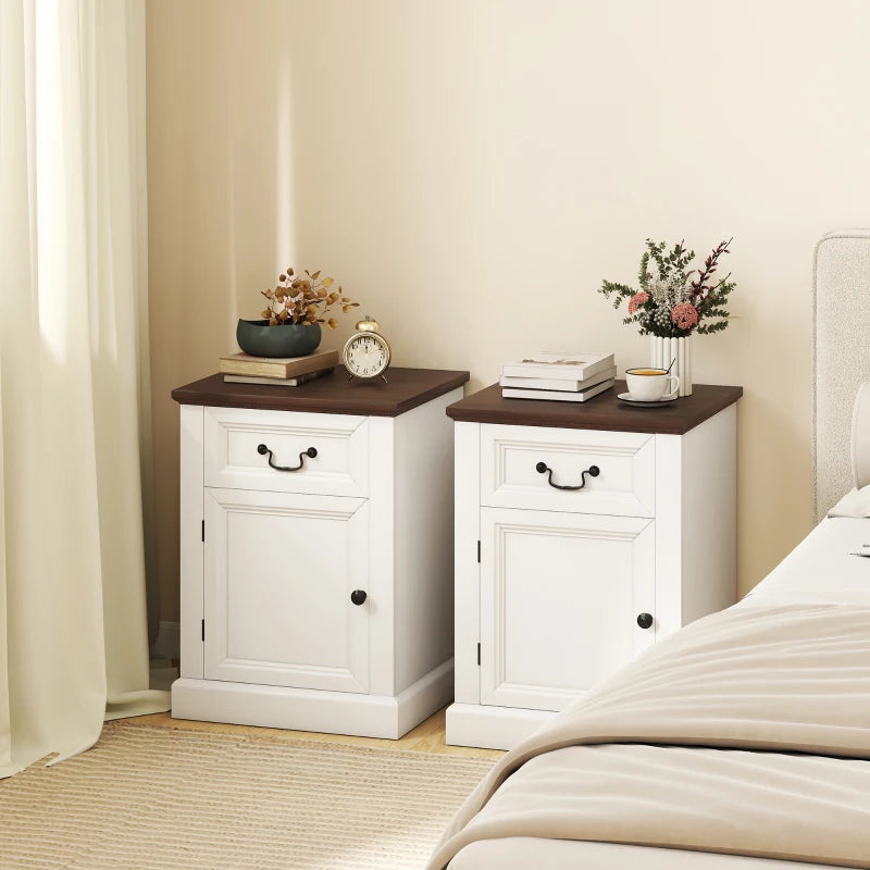 Side Table Set of 2, End Tables with Drawer and Cabinet, Nightstands for Small Spaces, Living Room, White