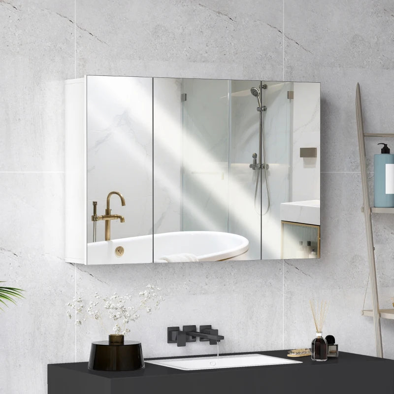 35" x 24" Wall Mounted Mirror Cabinet, Bathroom Medicine Cabinet with Mirror, 3 Doors and Adjustable Shelves, White