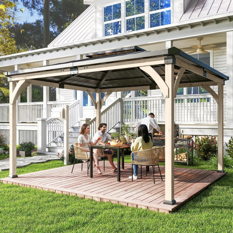 12' x 14' Hardtop Gazebo Canopy with Galvanized Steel Roof, Wood Frame, Double Roof Outdoor Gazebo, Light Walnut