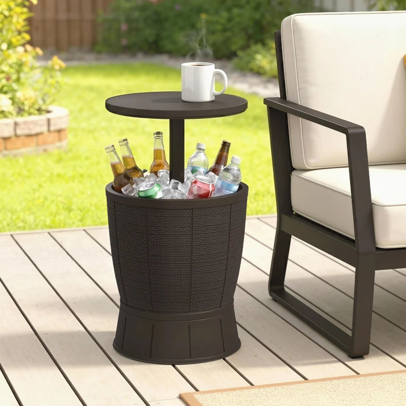 11 Gallon Patio Cooler Side Table, Outdoor Cooler Bar Table with Height Adjustable Top, Drainage Plug, Brown