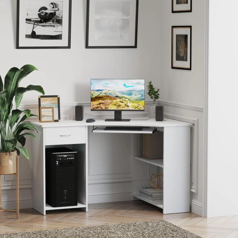 47" L-Shaped Desk with Keyboard Tray, Computer Corner Desk for Small Space with Shelves, Drawer, CPU Stand, Home Office Writing Table, White