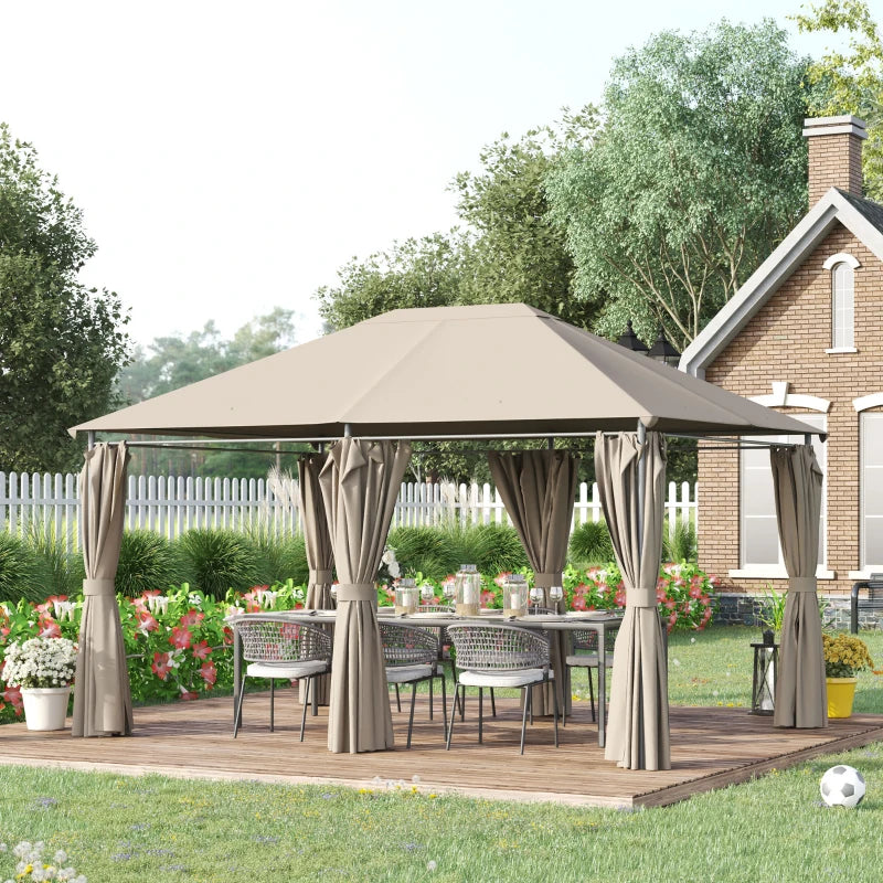 13'x 10' Soft-top Steel Patio Gazebo Canopy Party Tent with 6 Removable Curtains and Drainage Holes, Khaki