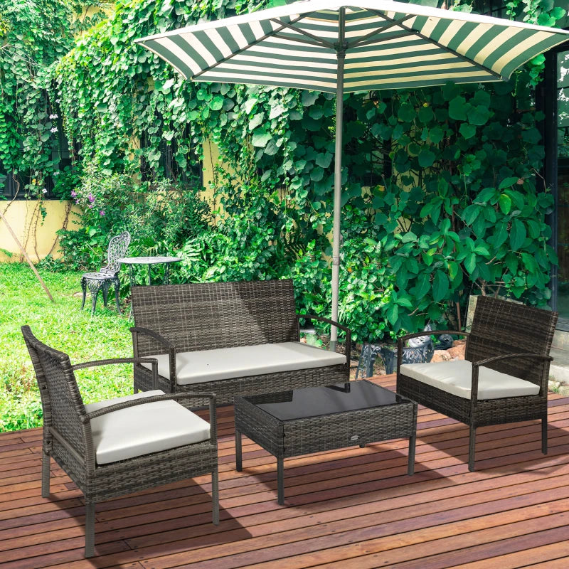 4 Pieces Patio Furniture Sets with A Loveseat, Two Armchairs and A Coffee Table, Outdoor Conversation Set with Glass Top Table, Grey PE Rattan and Cream White Cushions