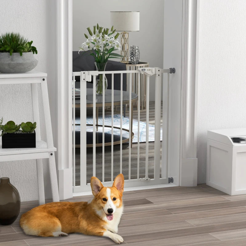 30 Inch Tall Pet Gate with Door Dog Gate and Barrier Indoor for Stairs, Pressure-Mounted Safety Gate, White