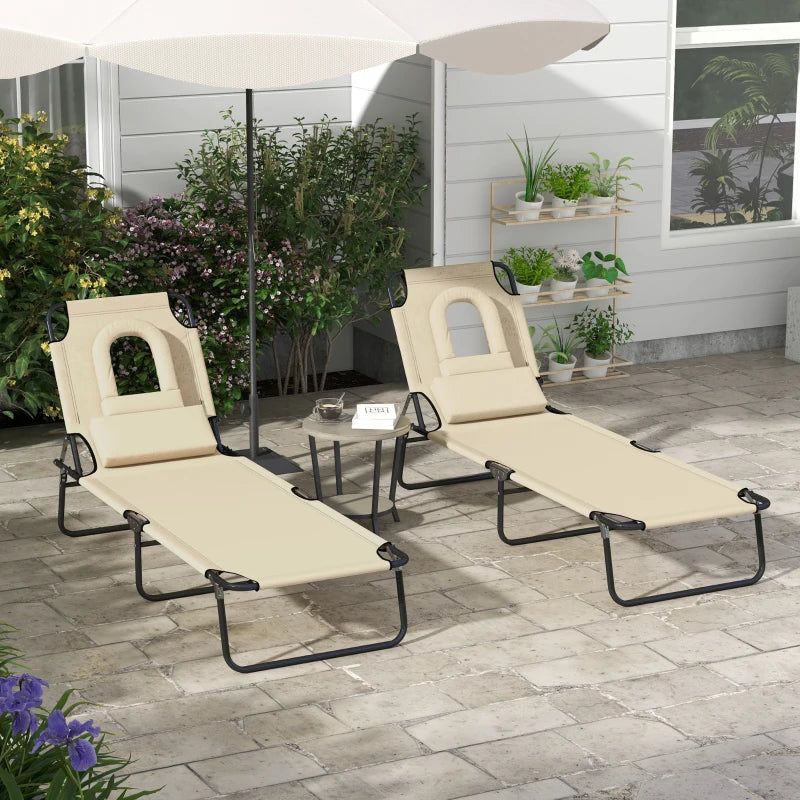 2PCS Adjustable Outdoor Lounge Chair, Garden Folding Chaise Lounge with Face Hole Reclining Tanning Chair Seat, Folding Camping Beach Lounging Bed w/ Head Support, Beige