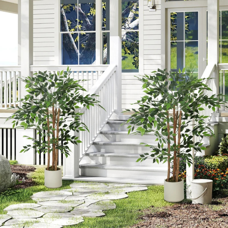 4FT Artificial Banyan Tree Set of 2, Fake Potted Tree with Solid Wood Trunk and Pot for Indoor
