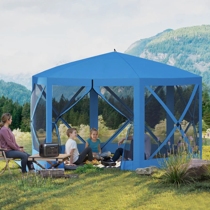 12' x 12' Hexagon Automatic Pop Up Screen Tents, Camping Shelter w/ Mesh Sidewalls and Carry Bag Blue