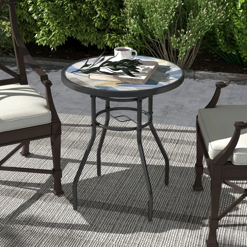 23.6" Round Patio Table, Outdoor Side Table with Glass Printed Top, Multicolour
