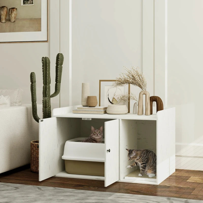 32" Cat Litter Box Enclosure with Scratching Mat, Cat Entrance, Fit Most of Cat and Litter Box, Distressed White
