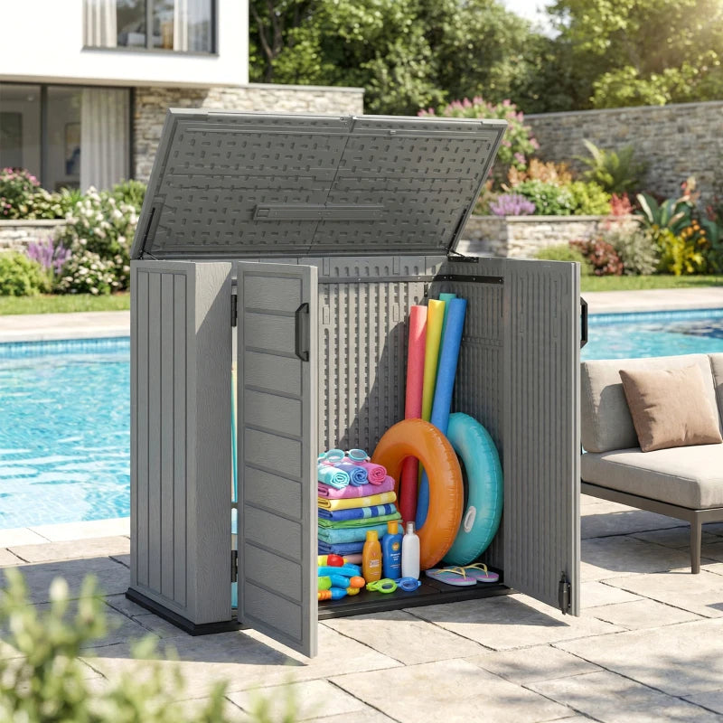 33 Cu.ft Plastic Outdoor Storage Shed, Storage Cabinet Tool Box with Lockable Double Doors and Flip-Top Lid Light Grey