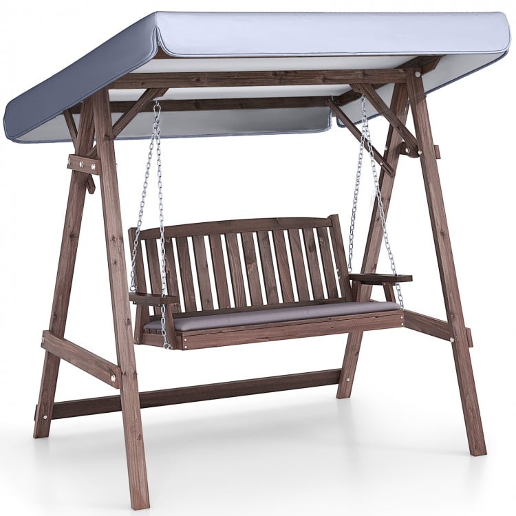 2-Person Porch Swing with Fir Wood Stand and Tilt Canopy-Brown